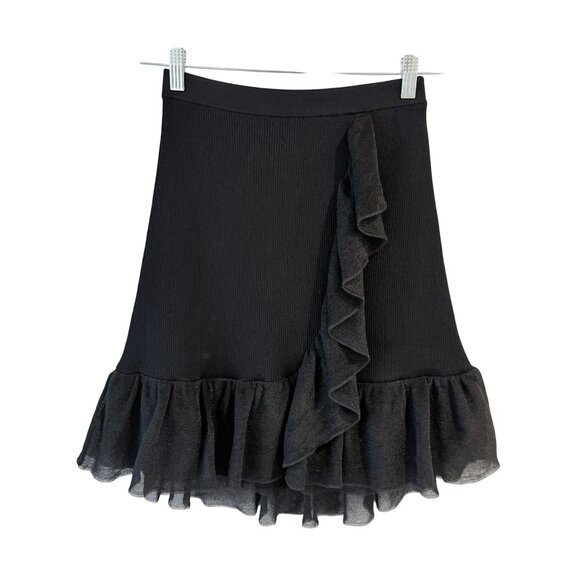 SANDRO Laurene High Waist Knitted Mini Skirt Ruffle Trim Size S Fitted